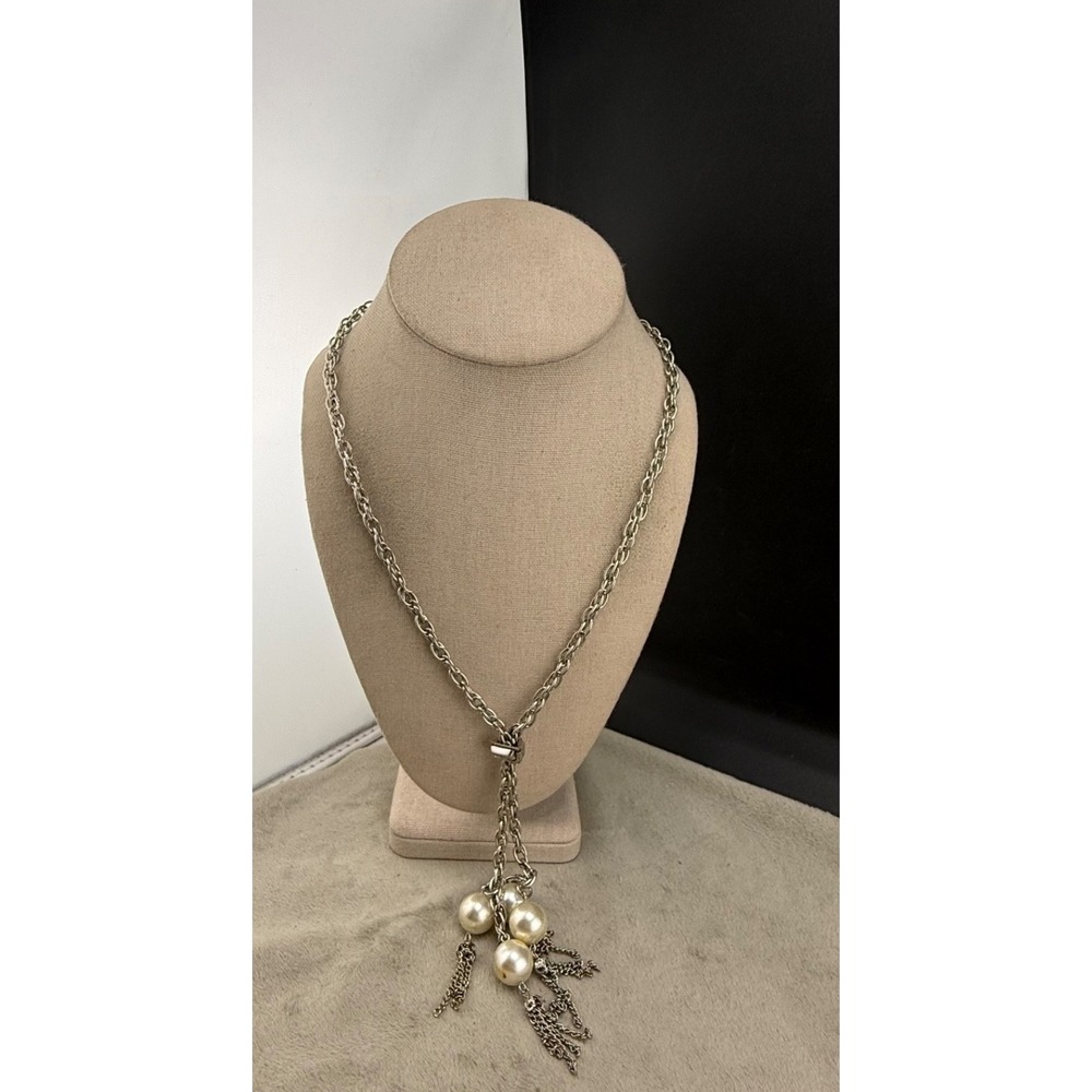 Vintage Estate Lariat Necklace Silver Tone Faux Pearl Tassel Bolo 20 READ
